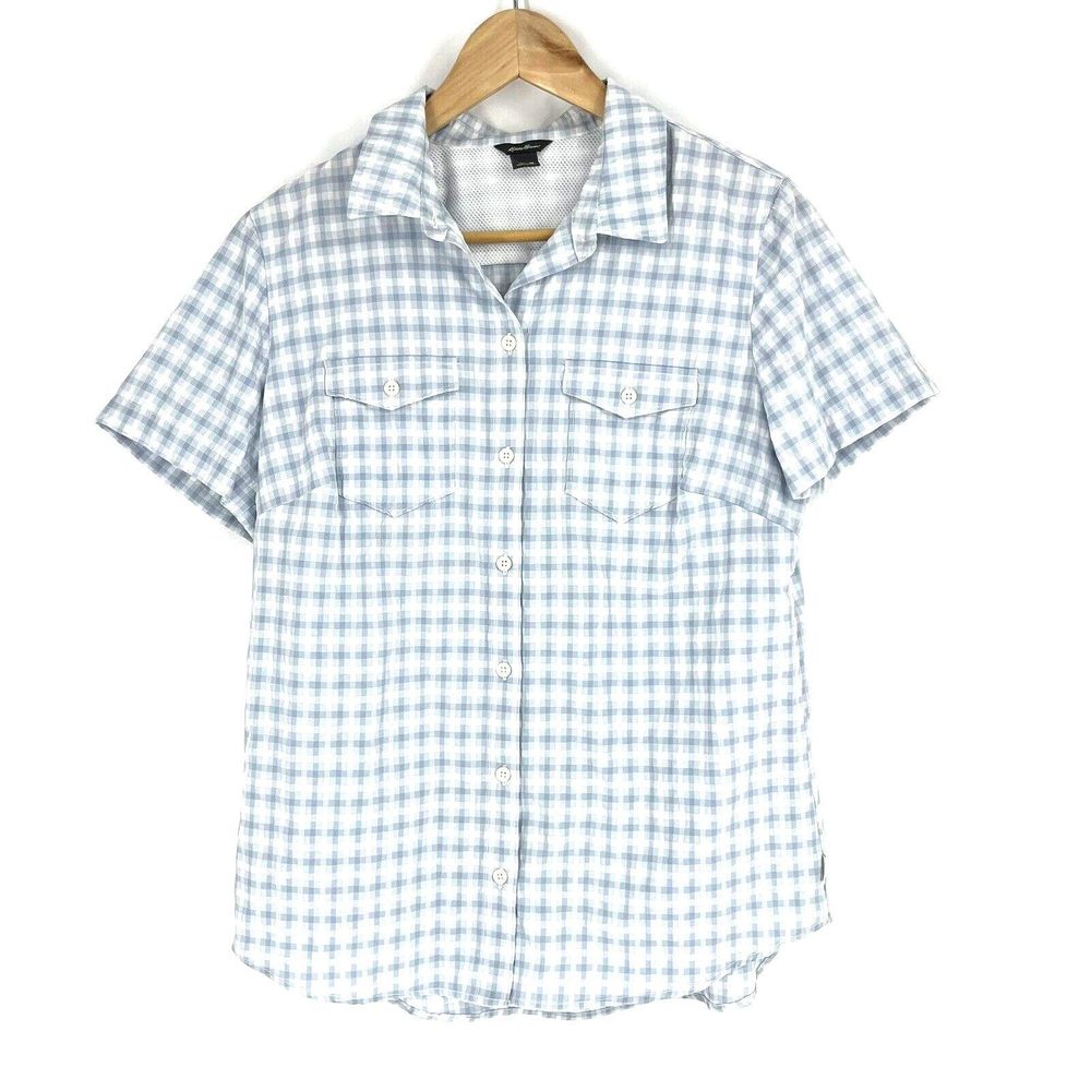 Eddie Bauer Top Size Medium Womens White Blue Check Button Outdoor Hiking Shirt